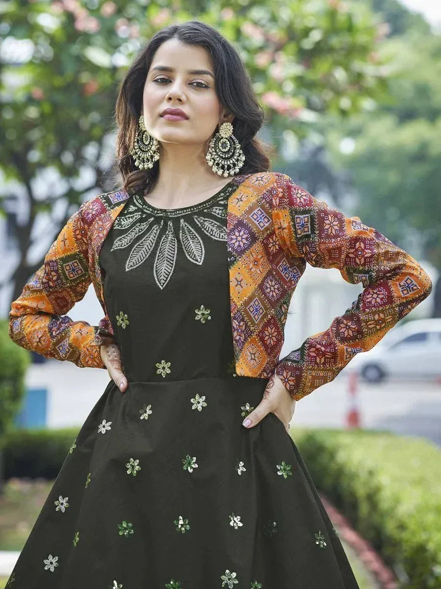 Black embroidered ethnic gown with colorful patchwork sleeves, perfect for Indian festive wear