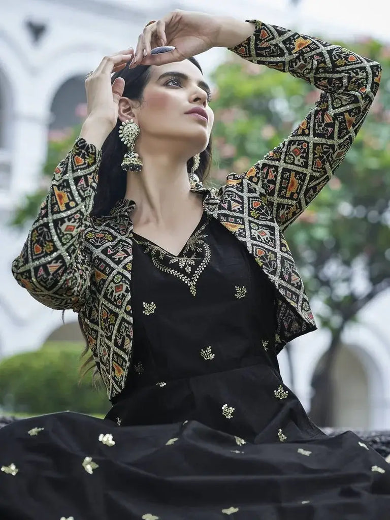 Attractive Black Cotton Embroidered Party Wear Anarkali Gown With Muti-Color Koti