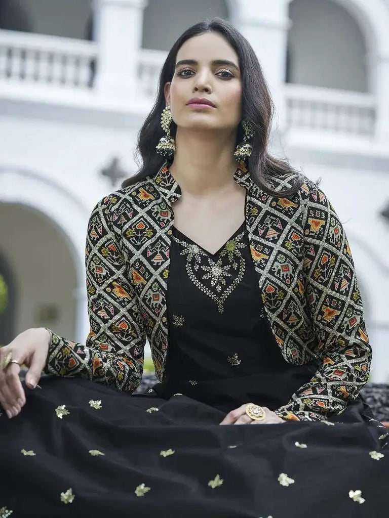 Attractive Black Cotton Embroidered Party Wear Anarkali Gown With Muti-Color Koti