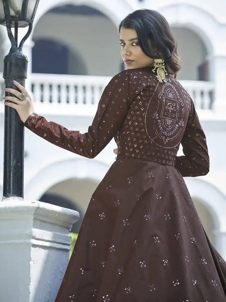 Desirable Brown Cotton Sequins Event Wear Long Anarkali Gown With Koti