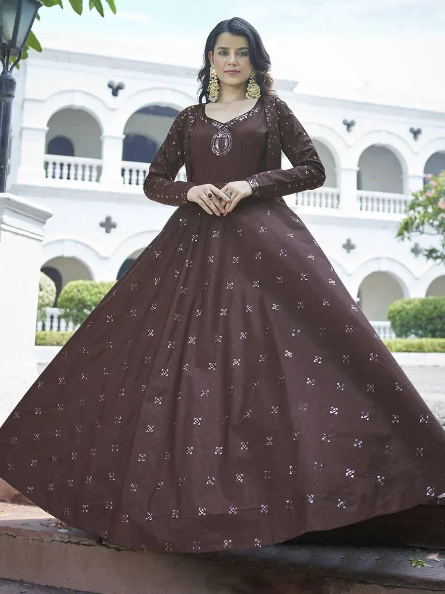 Elegant brown ethnic gown with floral embroidery, perfect for Indian occasions and festive wear.