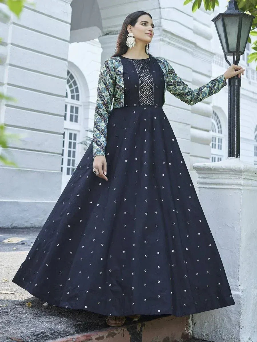 Black embroidered anarkali gown with printed sleeves, ethnic Indian wear for women