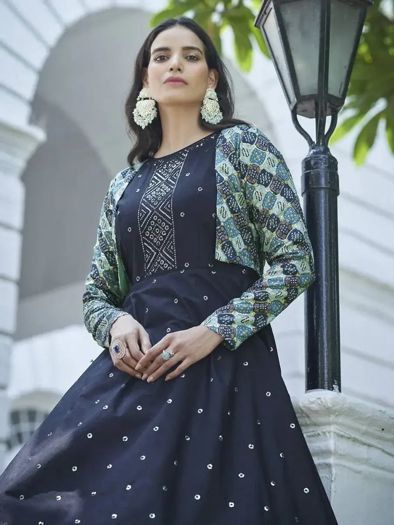 Charming Blue Cotton Sequins Party Wear Long Gown With Multi-Color Koti