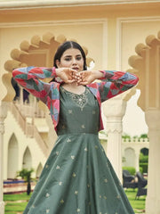 Ravishing Dasty Green Sequins Work Cotton Gown With Jacket