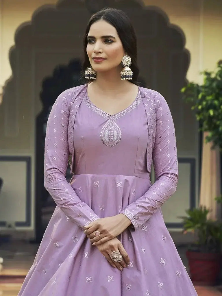 Captivating Light Purple Sequins Work Cotton Gown With Jacket