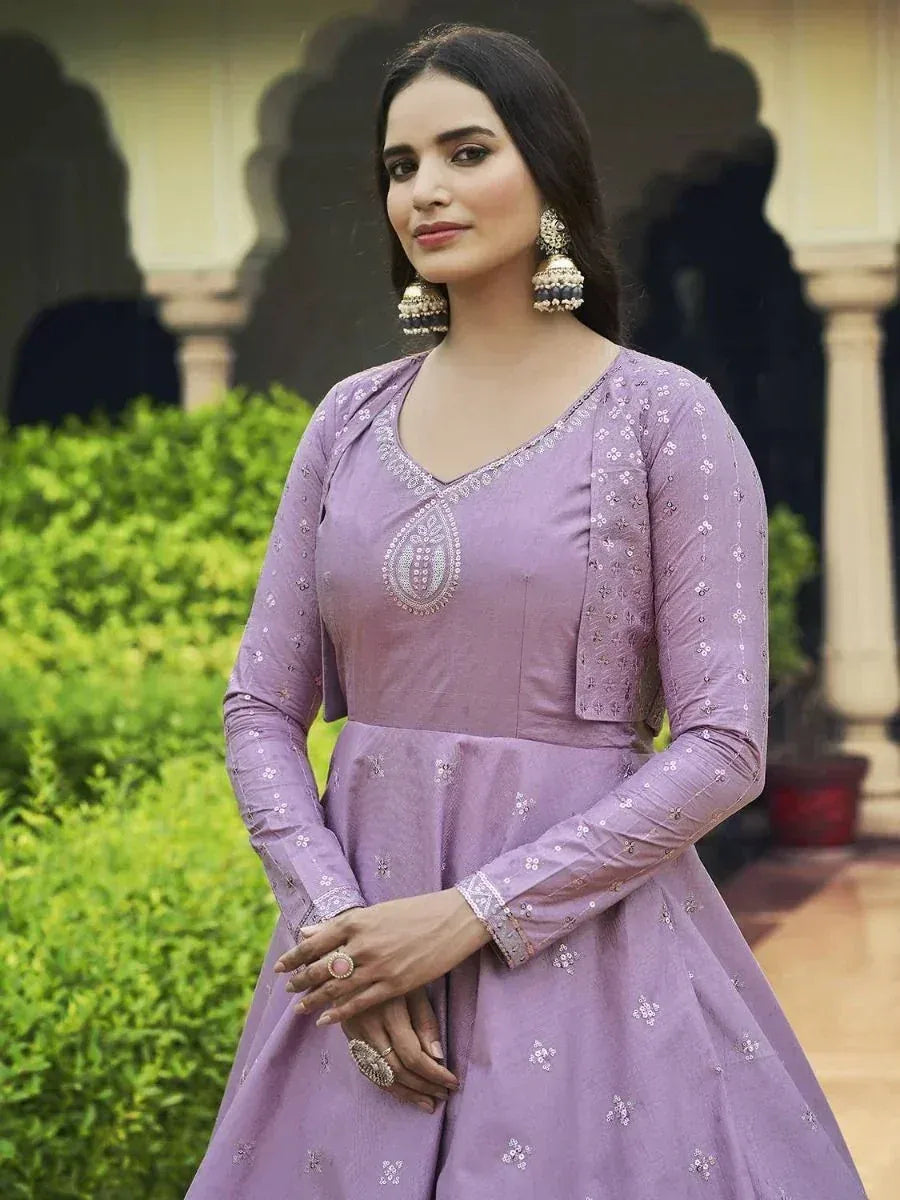 Lavender ethnic gown with embroidery, perfect for Indian occasions and festive wear