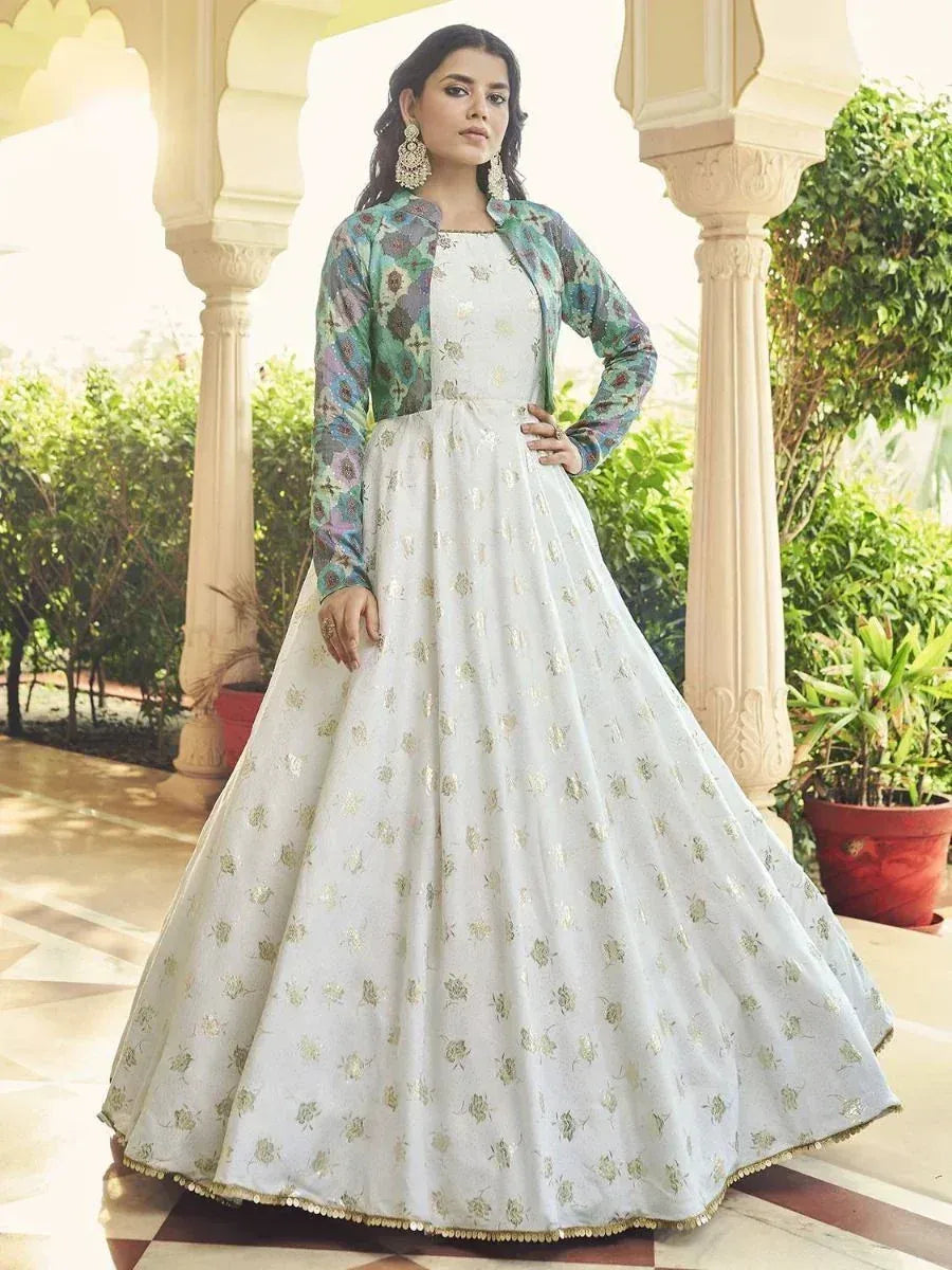 White floral embroidered gown with printed jacket, Indian ethnic wear for women
