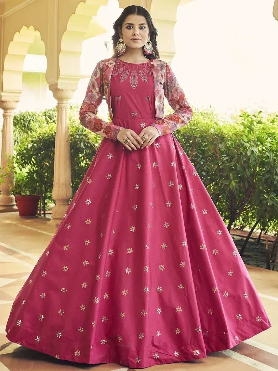 Pink embroidered ethnic gown with floral jacket, perfect for Indian weddings and festive occasions