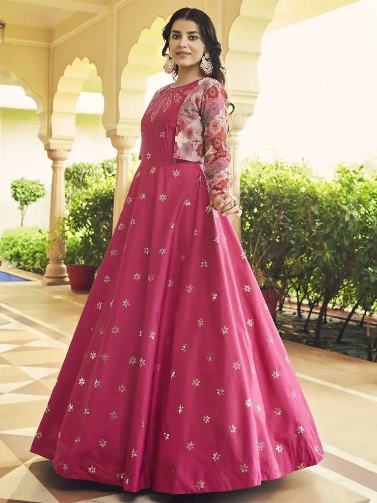 Superb Ruby pink Sequins Work Cotton Gown With Jacket