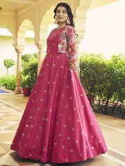 Superb Ruby pink Sequins Work Cotton Gown With Jacket