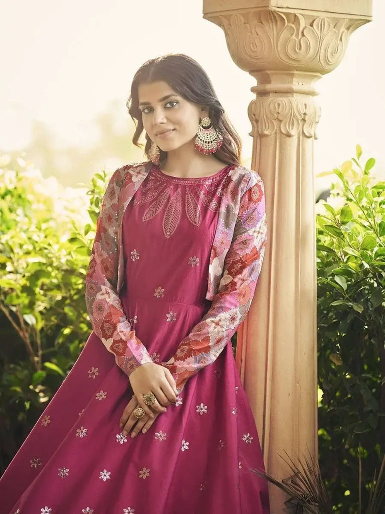 Superb Ruby pink Sequins Work Cotton Gown With Jacket
