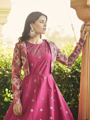 Superb Ruby pink Sequins Work Cotton Gown With Jacket