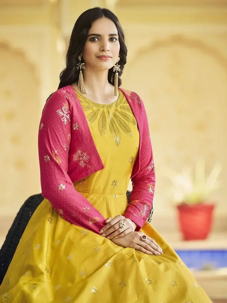 Magnificent Yellow Sequins Work Cotton Gown With Jacket
