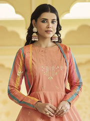 Marvelous Peach Sequins Work Cotton Gown With Jacket