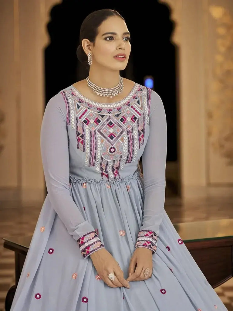 Gorgeous Light Blue Thread & Sequins Work Georgette Ruffle Gown