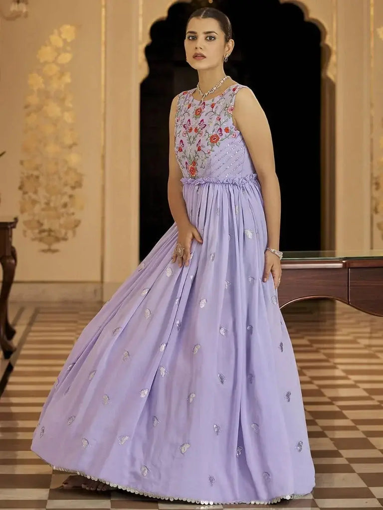 Fascinating Lavender Thread & Sequins Work Georgette Ruffle Gown