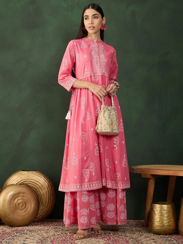 Alluring Pink Floral Printed Cotton Function Wear Palazzo Suit