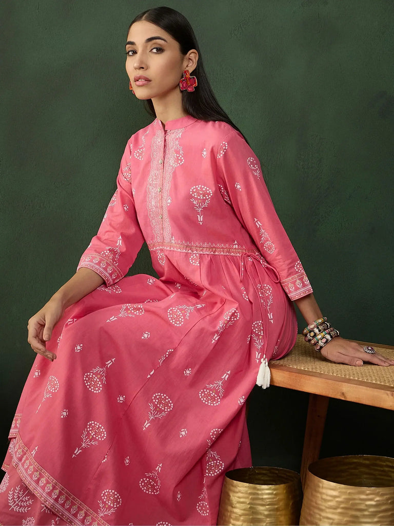 Alluring Pink Floral Printed Cotton Function Wear Palazzo Suit