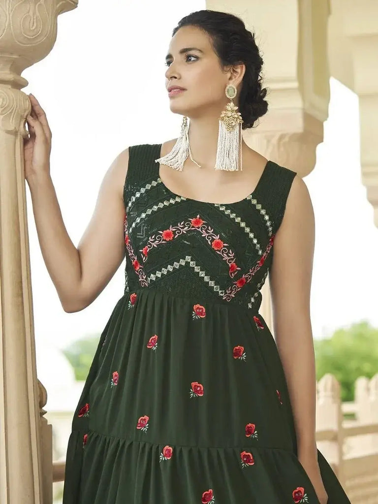 Gleaming Olive Green Georgette Thread Gathering Wear Long Anarkali Gown