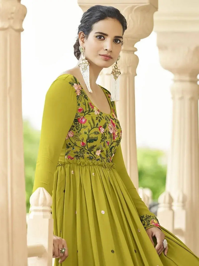 Adorning Fluorescence Green Georgette Multi-Thread Party Wear Anarkali Gown