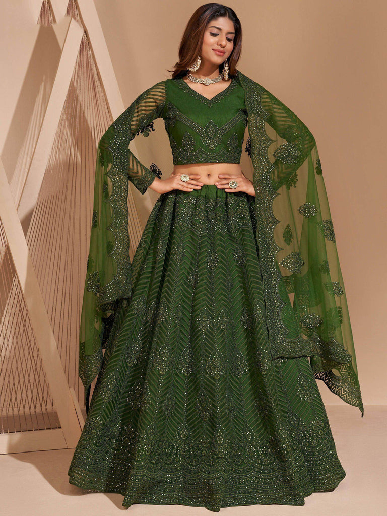 Fantastic Green Thread Embroidered Net Party Wear Lehenga Choli