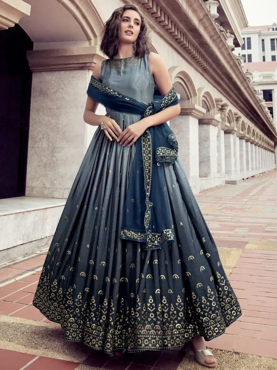 Elegant dark blue lehenga choli with gold embroidery, perfect for Indian ethnic wear occasions