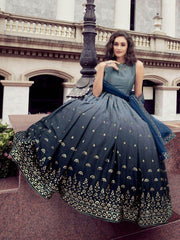 Lavish Grey And Blue Sequins Embroidery Chinon Reception Wear Gown
