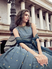 Lavish Grey And Blue Sequins Embroidery Chinon Reception Wear Gown