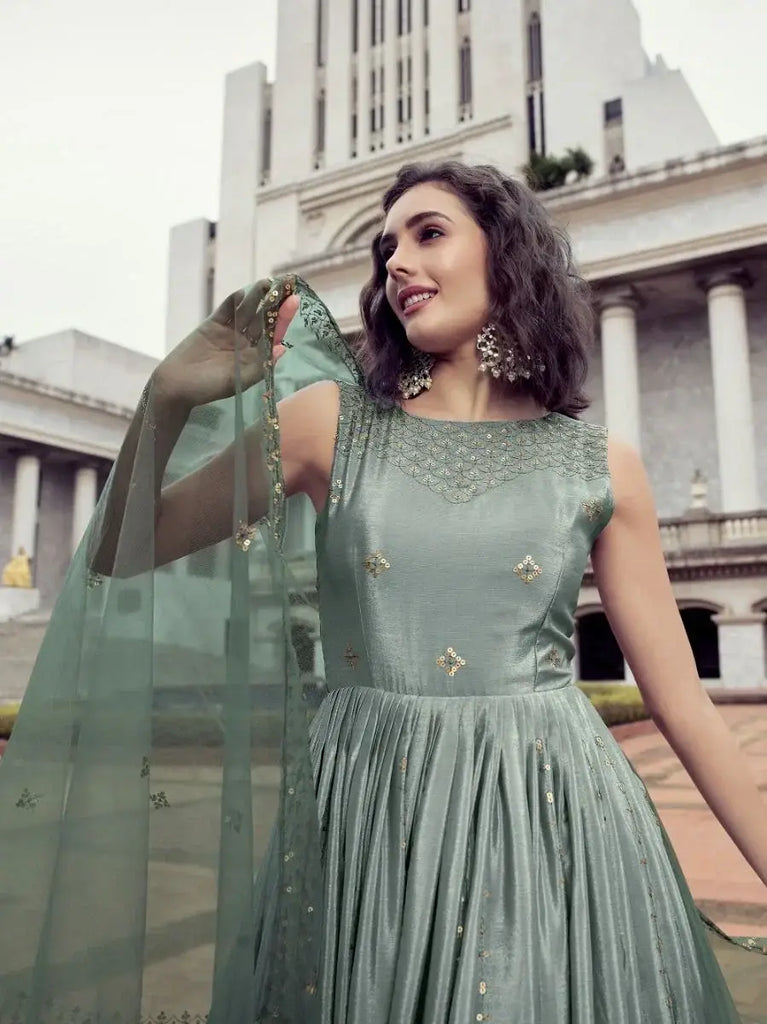 Fabulous Ombre Green Sequins Embroidery Chinon Party Wear Gown