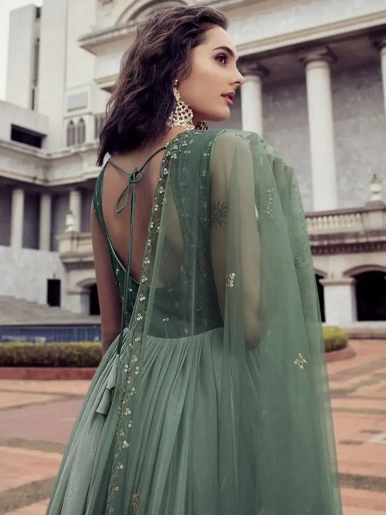 Fabulous Ombre Green Sequins Embroidery Chinon Party Wear Gown
