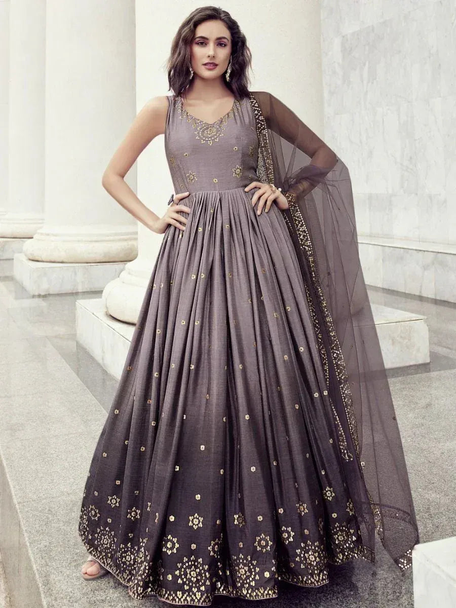 Grey embroidered anarkali gown with gold detailing, sheer dupatta, perfect for Indian ethnic occasions