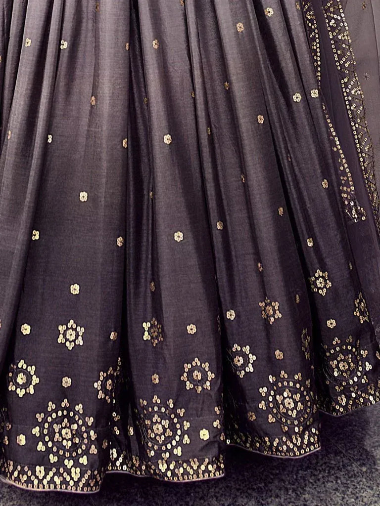 Black lehenga with gold floral embroidery and sequin detailing, ethnic Indian wear