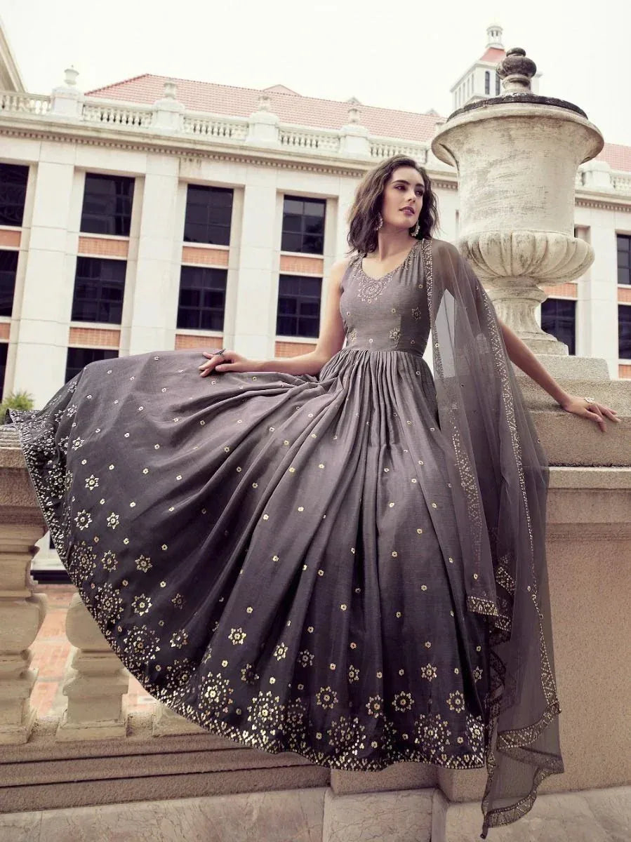 Grey floral embroidered anarkali gown with dupatta, Indian ethnic wear for women
