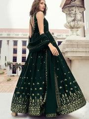 Desirable Bottle Green Sequins Embroidered Engagement Wear Gown