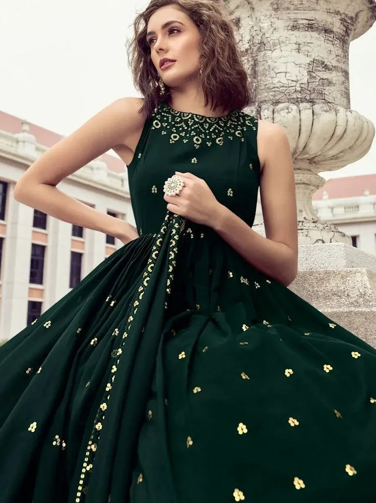 Desirable Bottle Green Sequins Embroidered Engagement Wear Gown