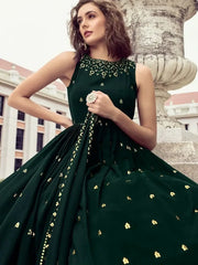 Desirable Bottle Green Sequins Embroidered Engagement Wear Gown