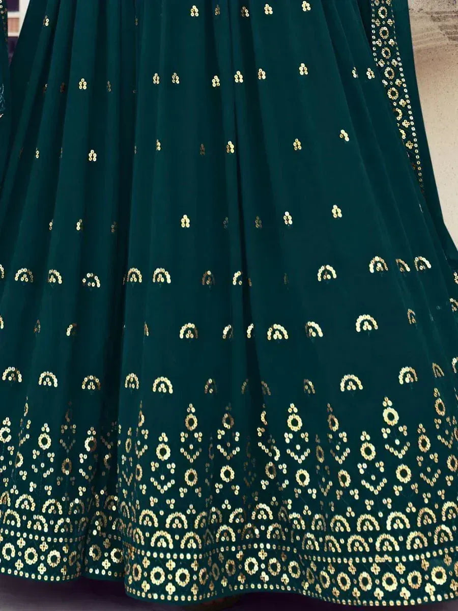 Emerald green lehenga with gold mirror work and embroidery, Indian ethnic wear
