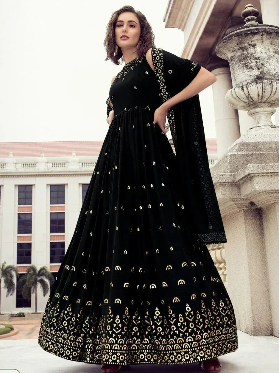 Black embroidered anarkali gown with gold detailing, perfect for Indian ethnic occasions