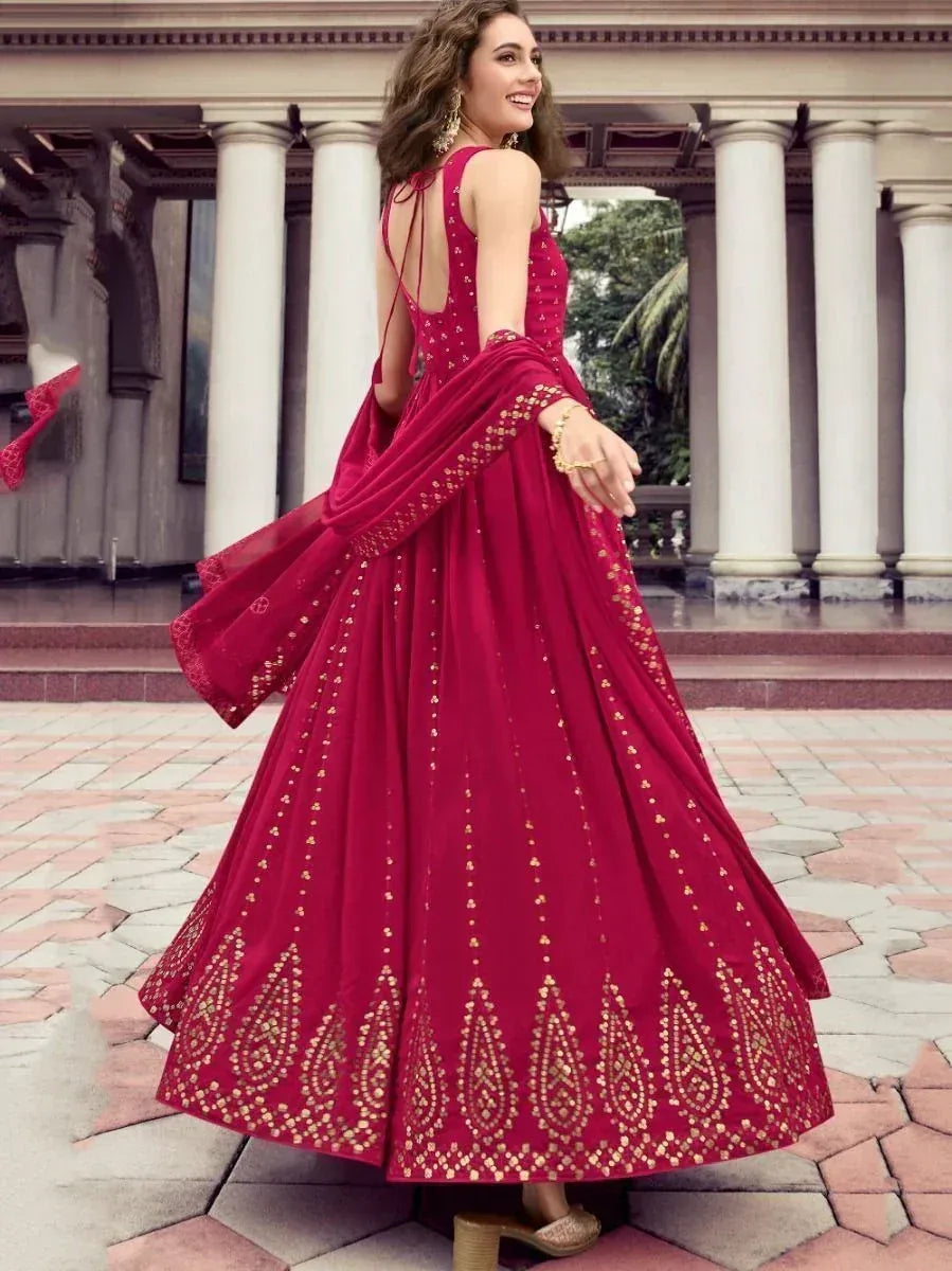 Red designer anarkali with gold embroidery, perfect for Indian ethnic wear occasions
