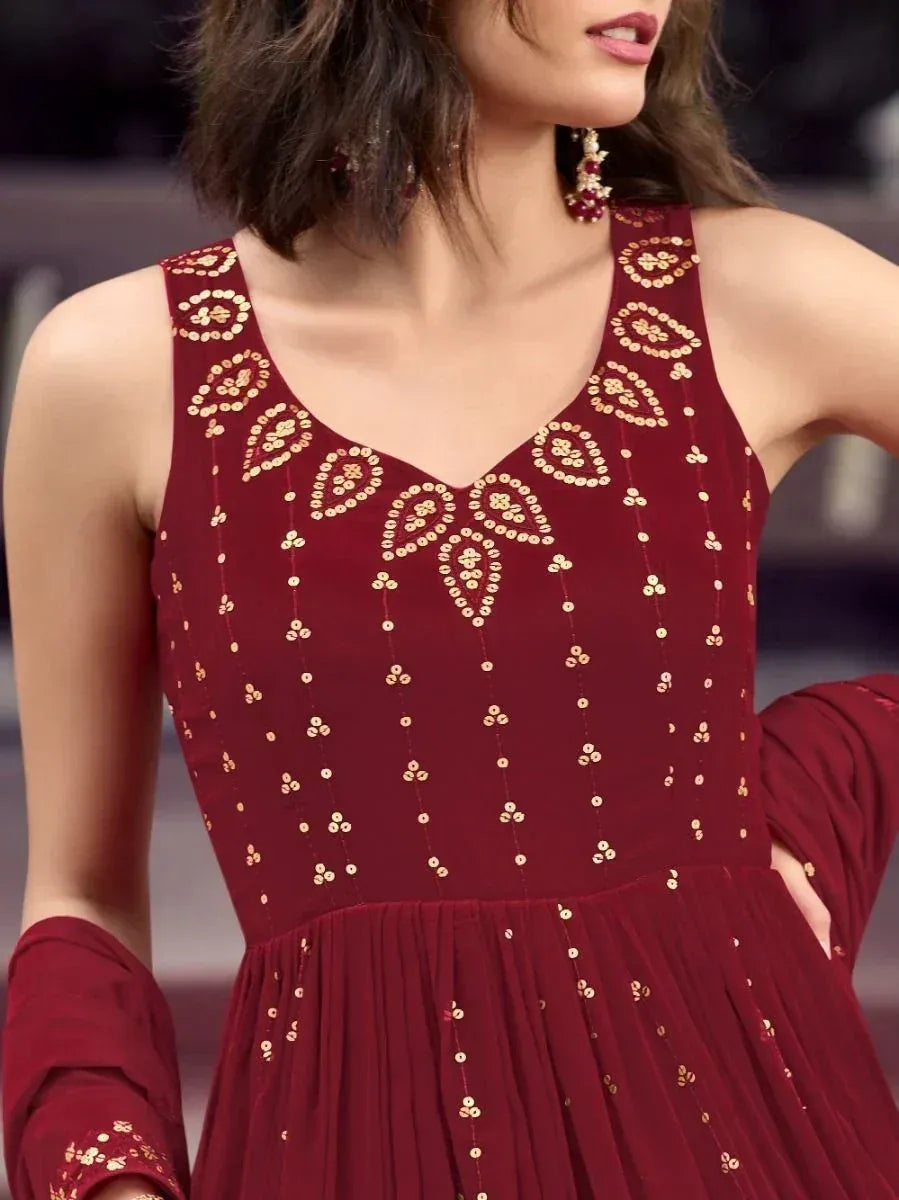 Maroon ethnic gown for women with gold sequin embroidery and sheer dupatta