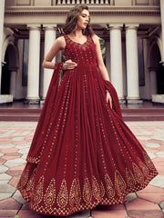 Magnificent Maroon Sequins Embroidered Gown With Dupatta