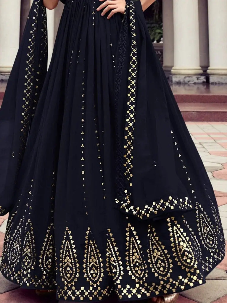 Marvelous Navy Blue Sequins Embroidered Gown With Dupatta