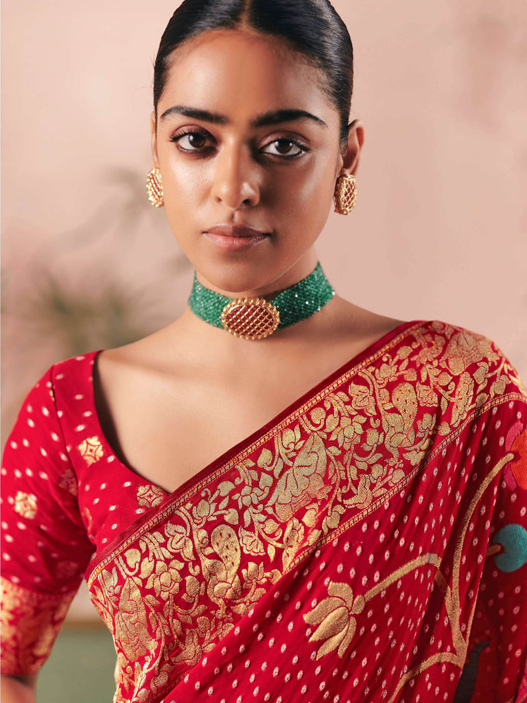 Bewitching Red Weaving Work Silk Bridal Wear Saree With Blouse