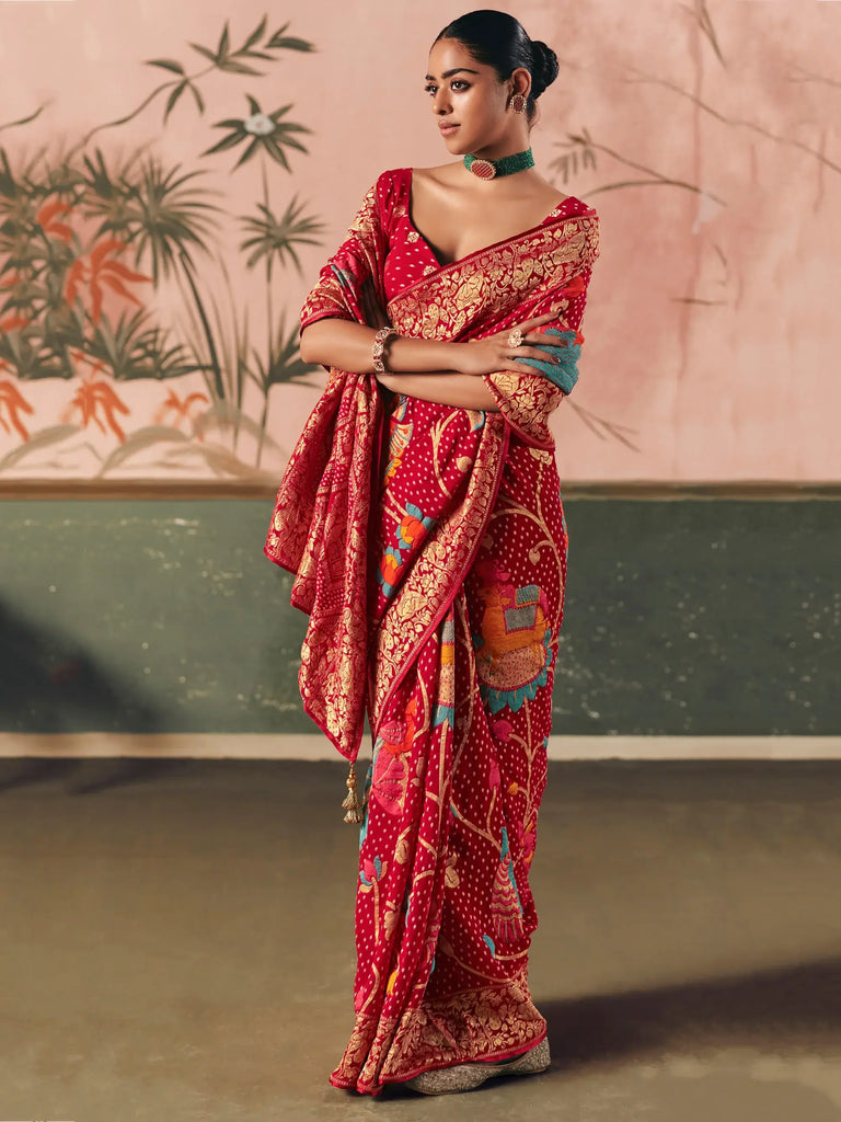 Bewitching Red Weaving Work Silk Bridal Wear Saree With Blouse