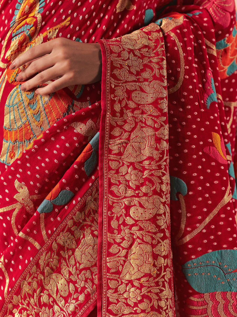 Bewitching Red Weaving Work Silk Bridal Wear Saree With Blouse