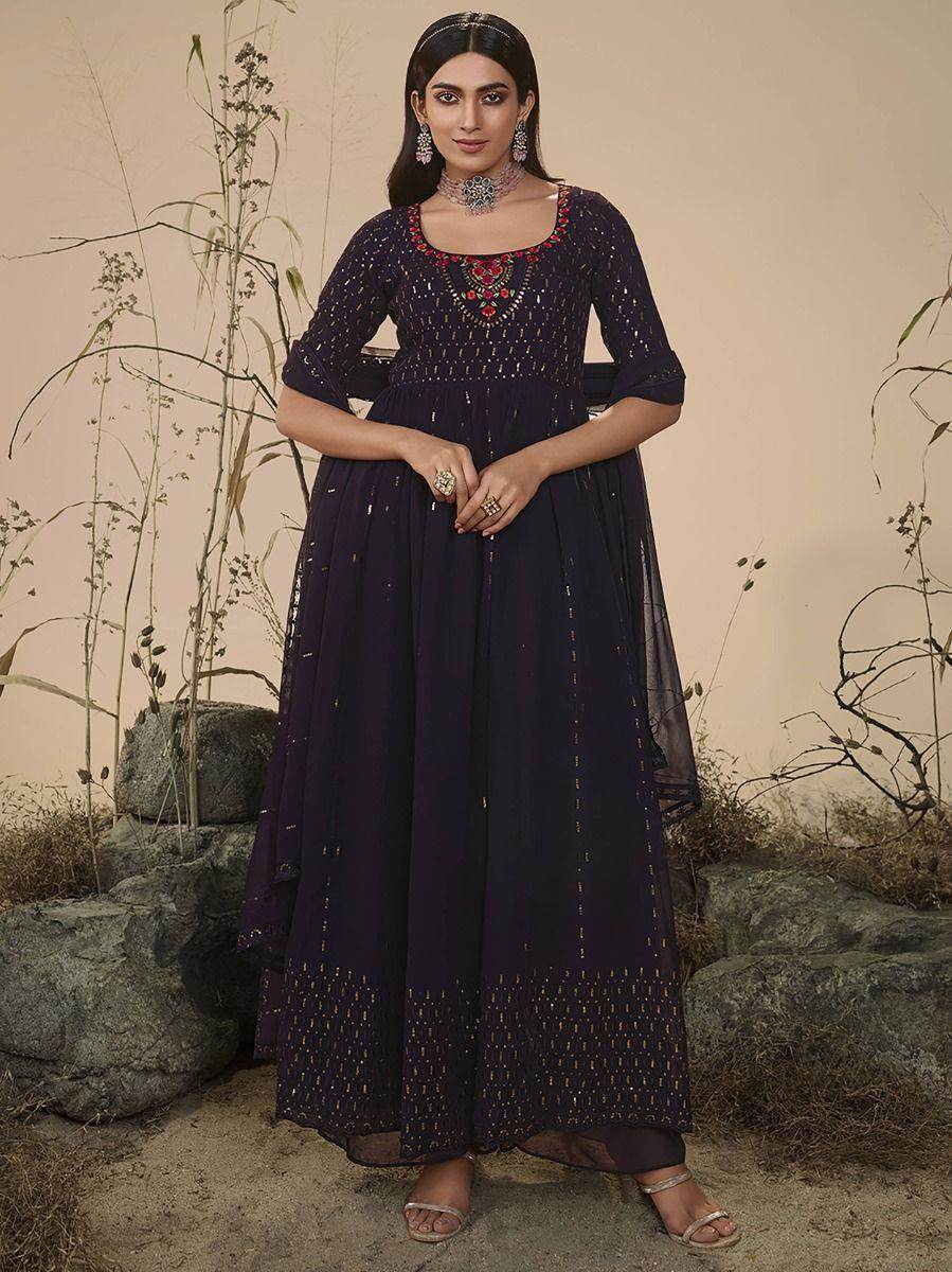 Stunning Purple Embroidered Georgette Festive Wear Palazzo Suit
