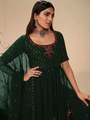 Classy Dark Green Embroidered Georgette Festive Wear Palazzo Suit