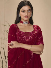 Attractive Maroon Embroidered Georgette Party Wear Palazzo Suit