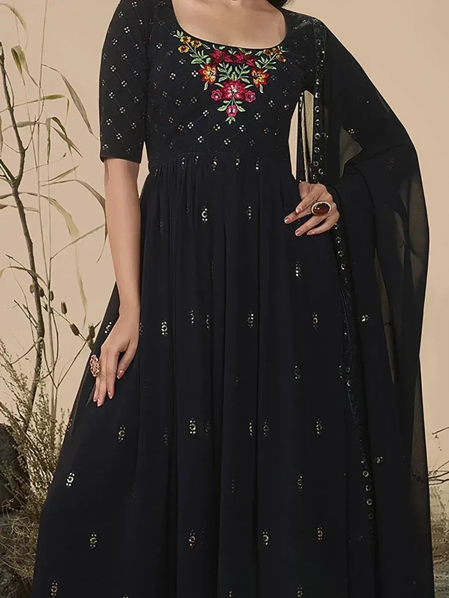 Navy blue ethnic gown with floral embroidery and sequin detailing, half sleeves, dupatta
