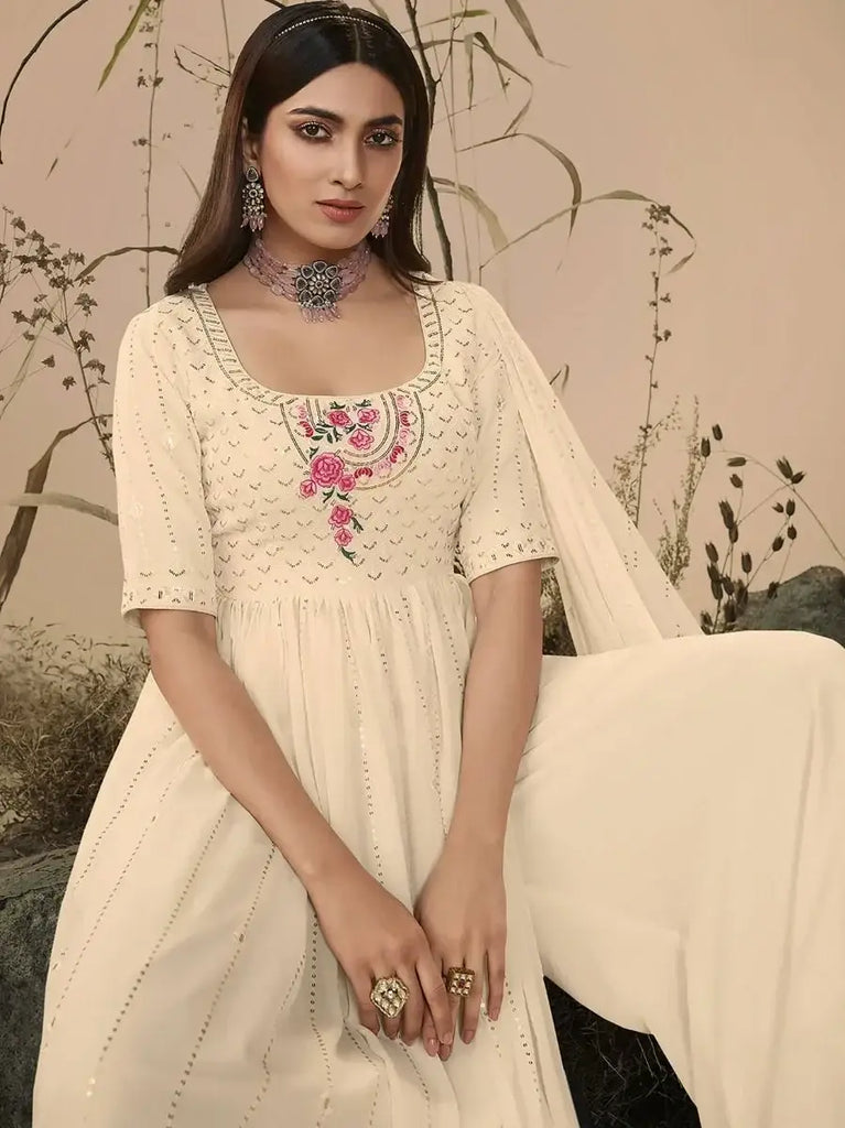 Stunning Off-White Embroidered georgette Festive Wear Palazzo Suit
